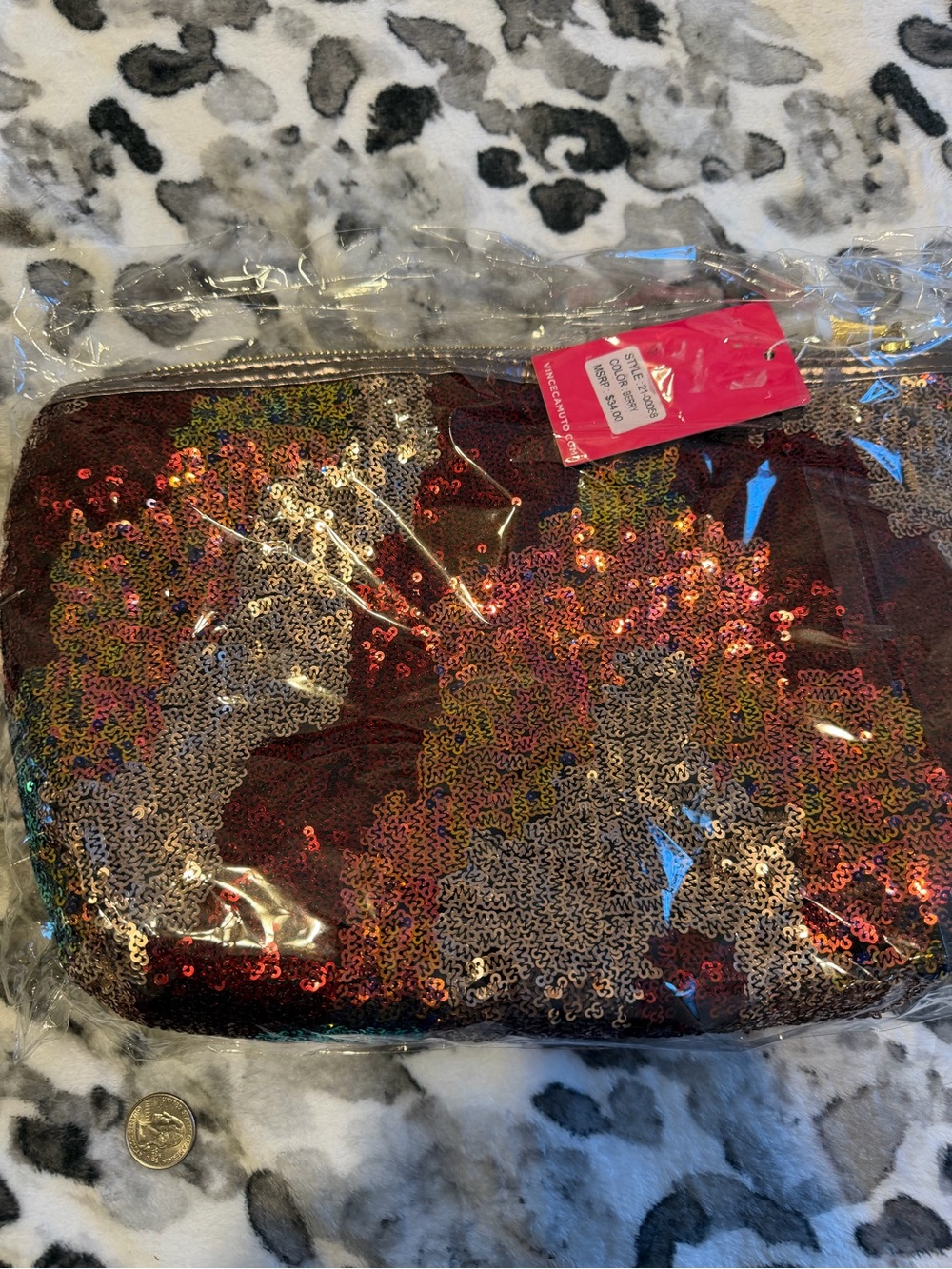 Vince Camuto Red Sequin Cosmetic Pouch